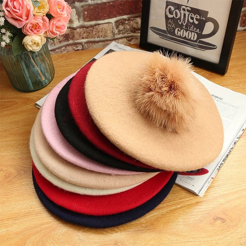 Beret Hat Women Winter Knitted Wool Cap Pompom Hat Solid Color
