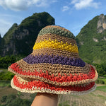 Woman Sun Straw Handmade Rainbow Striped Crochet Beach Bucket Hat