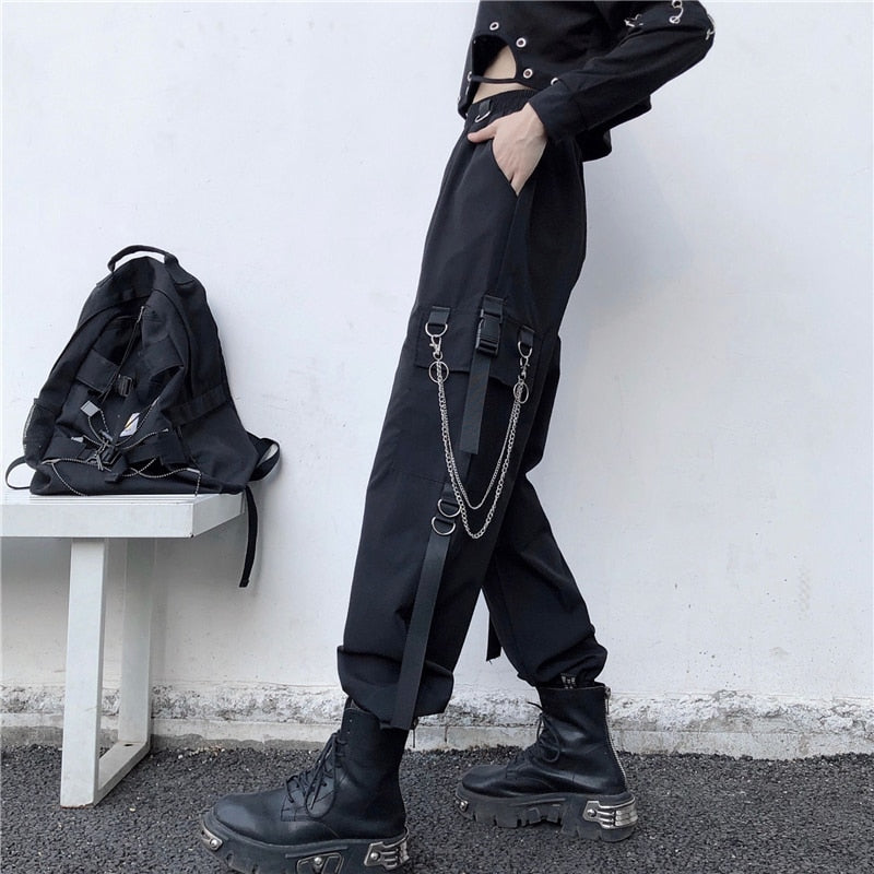 Women Cargo Pants Harem Pants Pockets Jogger Trousers With Chain