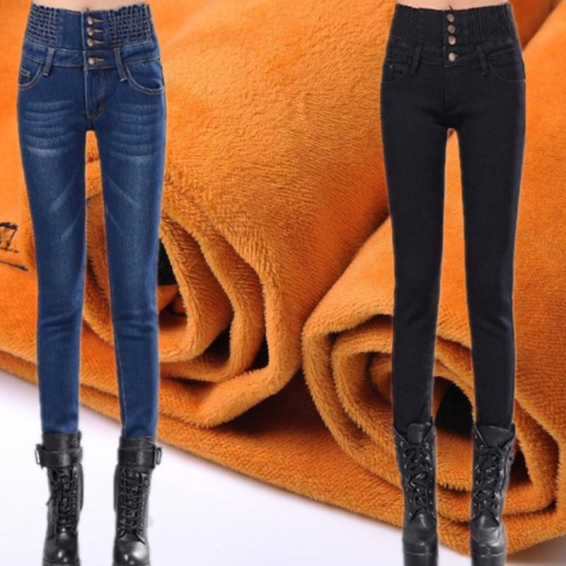 Women Winter Jeans Skinny Pants Fleece Elastic Waist Jeggings