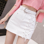 Bandage Women Denim Skirt Summer High Waist Chic Belt Jean Mini Skirt