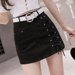 Bandage Women Denim Skirt Summer High Waist Chic Belt Jean Mini Skirt