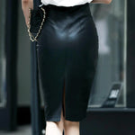 Black PU Leather Skirt Women Midi High Waist Bodycon Split Skirt