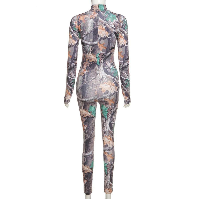 Aesthetic Print Jumpsuit Women Zip Up Skinny Elastic Turtleneck-Night Out Jumpsuits & Rompers-Arimonz-Arimonz
