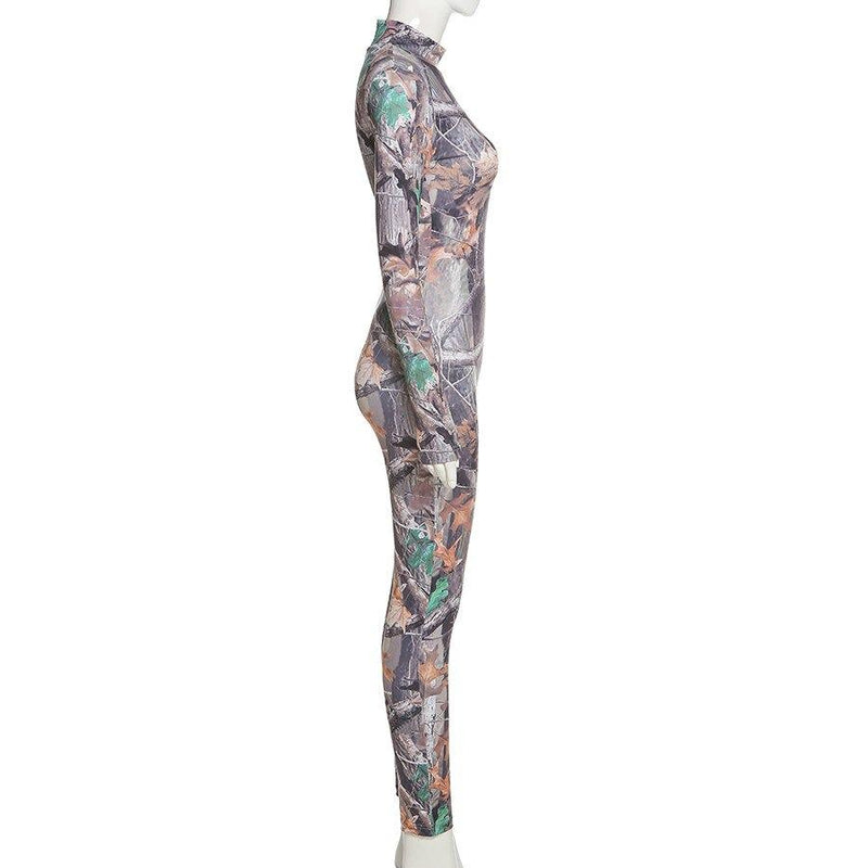 Aesthetic Print Jumpsuit Women Zip Up Skinny Elastic Turtleneck-Night Out Jumpsuits & Rompers-Arimonz-Arimonz