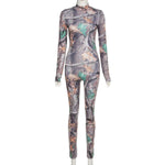 Aesthetic Print Jumpsuit Women Zip Up Skinny Elastic Turtleneck-Night Out Jumpsuits & Rompers-Arimonz-M-Arimonz
