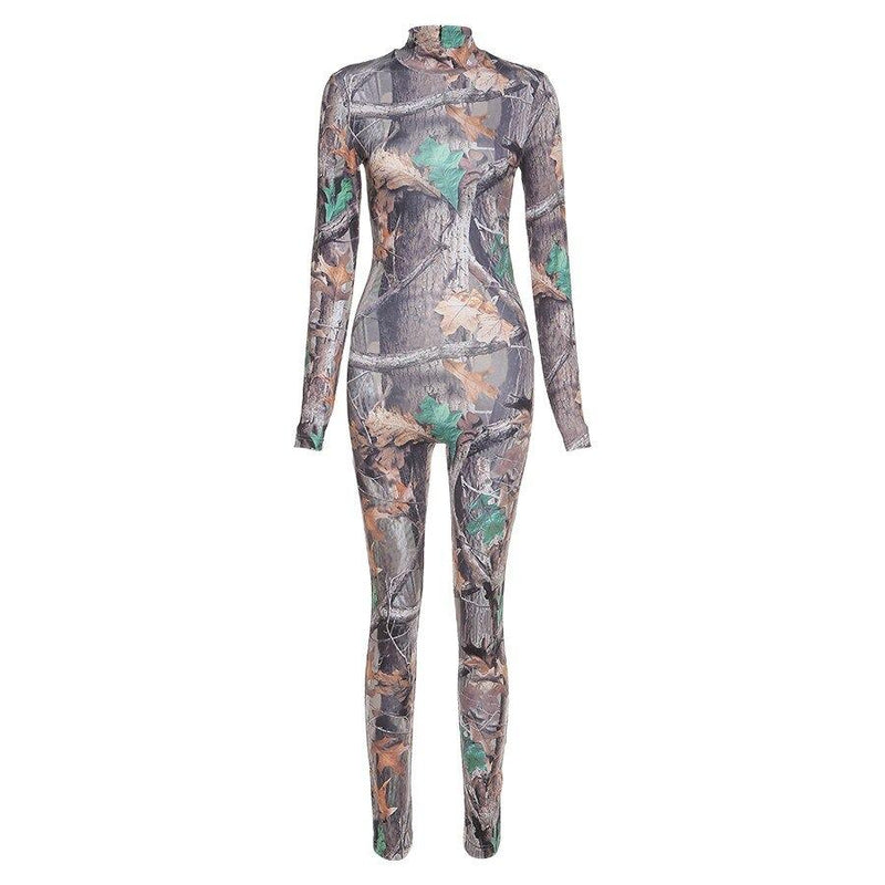 Aesthetic Print Jumpsuit Women Zip Up Skinny Elastic Turtleneck-Night Out Jumpsuits & Rompers-Arimonz-S-Arimonz