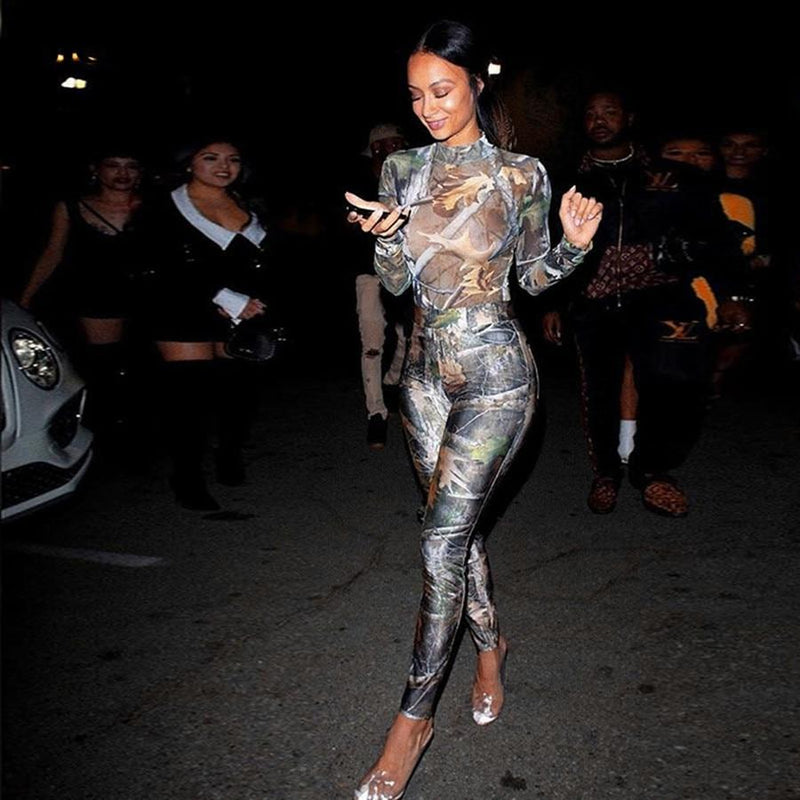 Aesthetic Print Jumpsuit Women Zip Up Skinny Elastic Turtleneck-Night Out Jumpsuits & Rompers-Arimonz-Arimonz