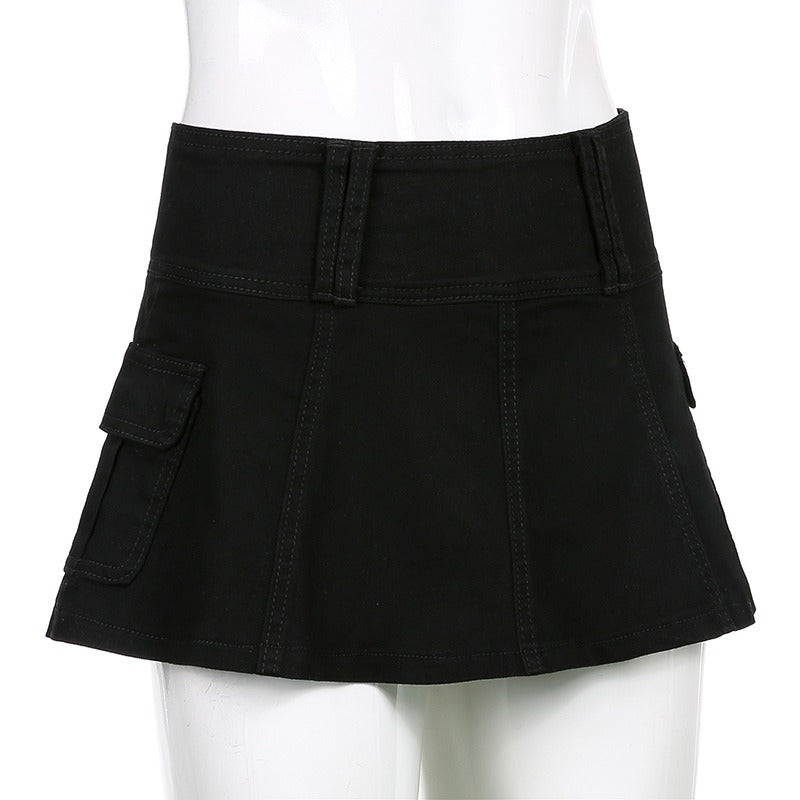Low Waist Black Micro Skirts Streetwear Pockets Patchwork A-line Skirt