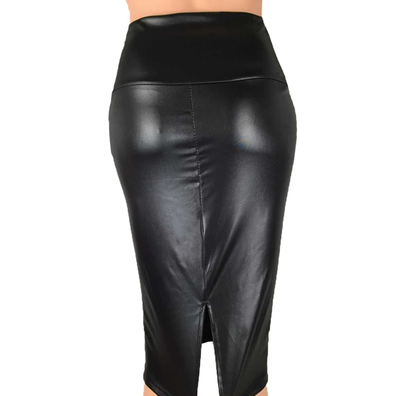 Back Split Women Skirt Black Bodycon Skirt High Waist PU Leather Skirt-Skirts-Arimonz-Arimonz