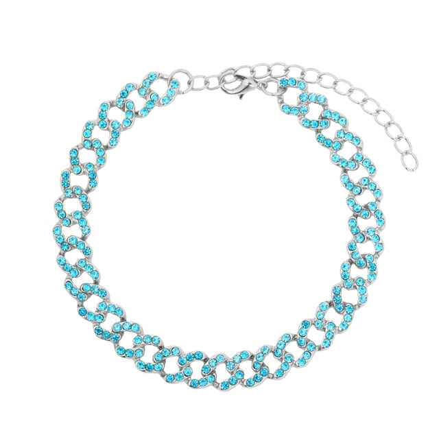 Baguette Cuban Anklets For Women Bling Cuban Link Foot Bracelet-Anklets-Arimonz-Blue Silver Chain-Arimonz