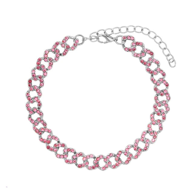 Baguette Cuban Anklets For Women Bling Cuban Link Foot Bracelet-Anklets-Arimonz-Pink Silver Chain-Arimonz