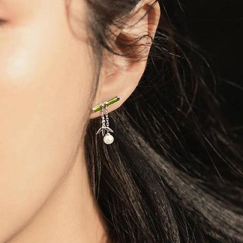 Bamboo Dangle Earring With Pearl Retro Style For Women Fine Jewelry-Earrings-Arimonz-Arimonz