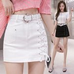 Bandage Women Denim Skirt Summer High Waist Chic Belt Jean Mini Skirt-Denim Skirts-Arimonz-Arimonz