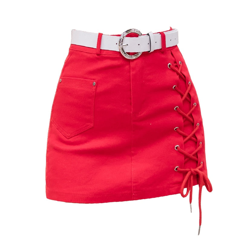 Bandage Women Denim Skirt Summer High Waist Chic Belt Jean Mini Skirt-Denim Skirts-Arimonz-Arimonz