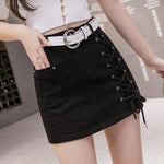 Bandage Women Denim Skirt Summer High Waist Chic Belt Jean Mini Skirt-Denim Skirts-Arimonz-black-S-Arimonz