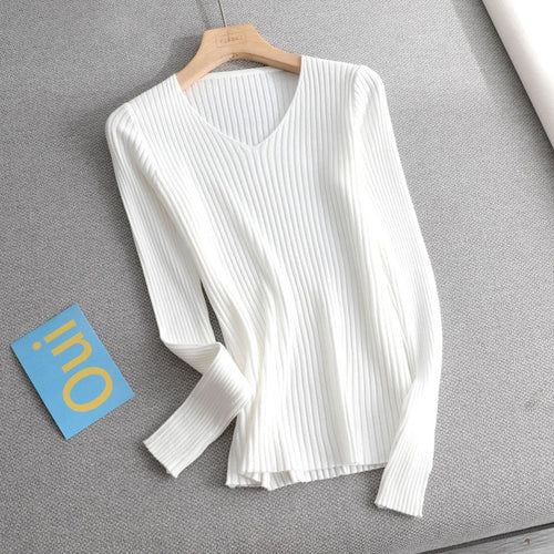 Basic V-neck Solid Sweater Pullover Women Female Knitted Sweater-Pullovers-Arimonz-white-Arimonz