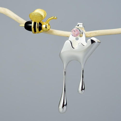 Bee and Dripping Honey Asymmetric Stud Earrings for Women Fine Jewelry-Earrings-Arimonz-Arimonz