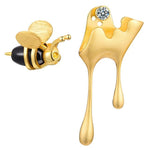 Bee and Dripping Honey Asymmetric Stud Earrings for Women Fine Jewelry-Earrings-Arimonz-Gold-Arimonz