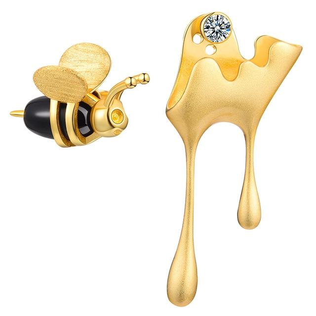 Bee and Dripping Honey Asymmetric Stud Earrings for Women Fine Jewelry-Earrings-Arimonz-Gold-Arimonz
