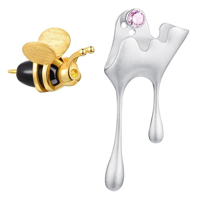 Bee and Dripping Honey Asymmetric Stud Earrings for Women Fine Jewelry-Earrings-Arimonz-Silver-Arimonz