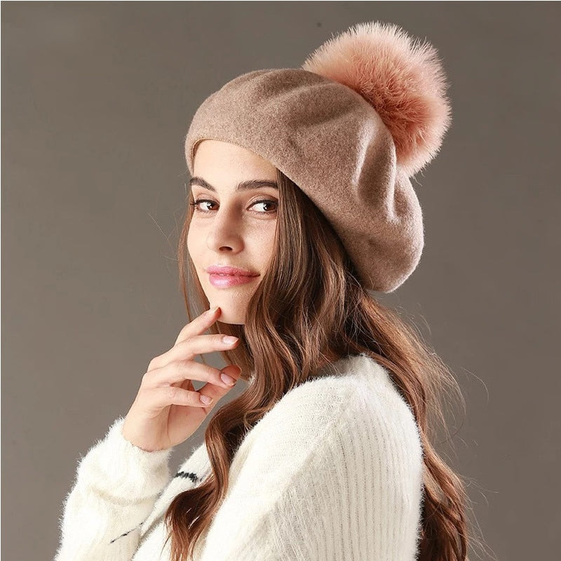 Beret Hat Women Winter Knitted Wool Cap Pompom Hat Solid Color-Winter Hats-Arimonz-Arimonz