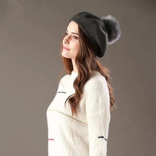 Beret Hat Women Winter Knitted Wool Cap Pompom Hat Solid Color-Winter Hats-Arimonz-Arimonz