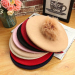 Beret Hat Women Winter Knitted Wool Cap Pompom Hat Solid Color-Winter Hats-Arimonz-Arimonz