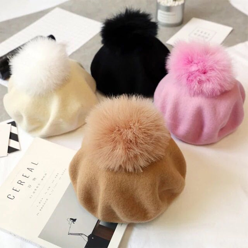 Beret Hat Women Winter Knitted Wool Cap Pompom Hat Solid Color-Winter Hats-Arimonz-Arimonz