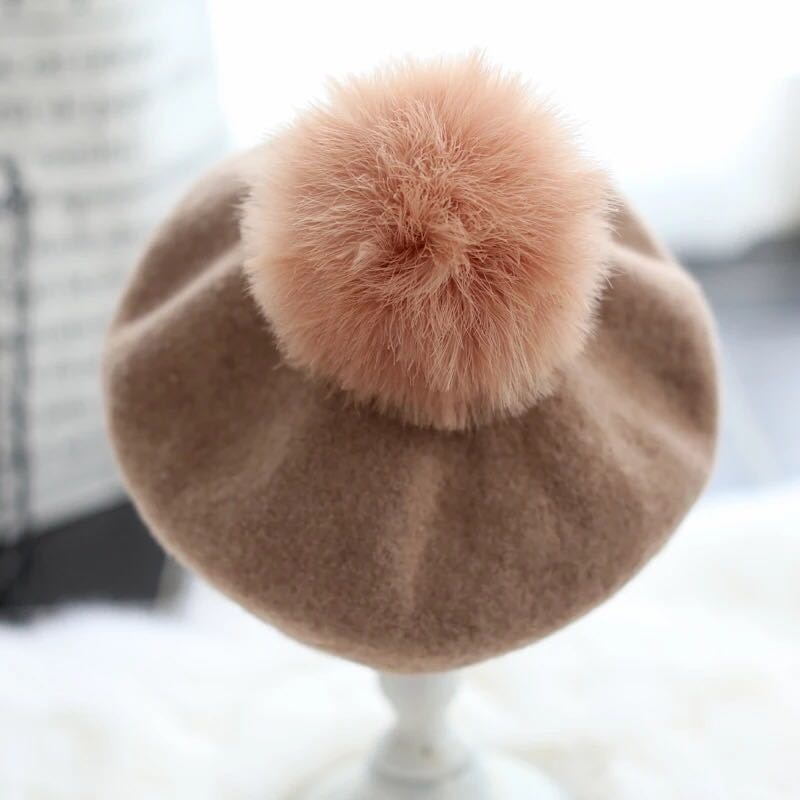 Beret Hat Women Winter Knitted Wool Cap Pompom Hat Solid Color-Winter Hats-Arimonz-Arimonz