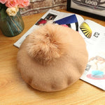 Beret Hat Women Winter Knitted Wool Cap Pompom Hat Solid Color-Winter Hats-Arimonz-beige-Arimonz