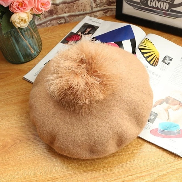 Beret Hat Women Winter Knitted Wool Cap Pompom Hat Solid Color-Winter Hats-Arimonz-beige-Arimonz