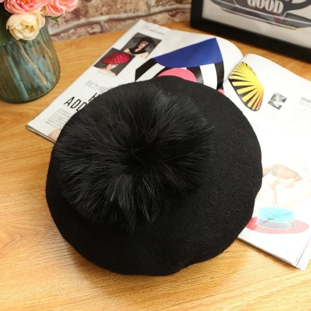Beret Hat Women Winter Knitted Wool Cap Pompom Hat Solid Color-Winter Hats-Arimonz-black-Arimonz
