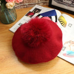 Beret Hat Women Winter Knitted Wool Cap Pompom Hat Solid Color-Winter Hats-Arimonz-burgudy-Arimonz