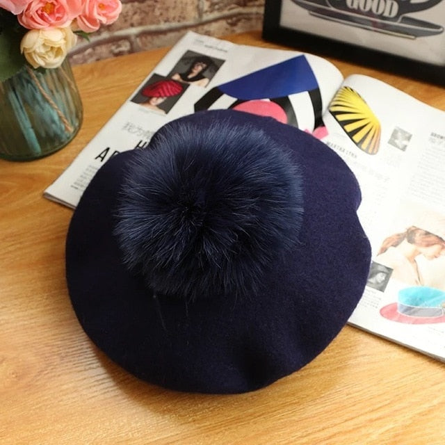 Beret Hat Women Winter Knitted Wool Cap Pompom Hat Solid Color-Winter Hats-Arimonz-navy-Arimonz