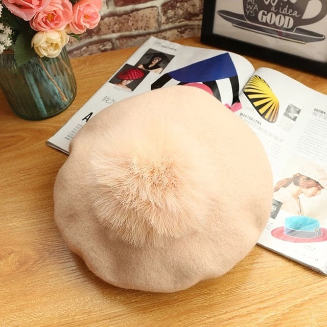 Beret Hat Women Winter Knitted Wool Cap Pompom Hat Solid Color-Winter Hats-Arimonz-nude-Arimonz