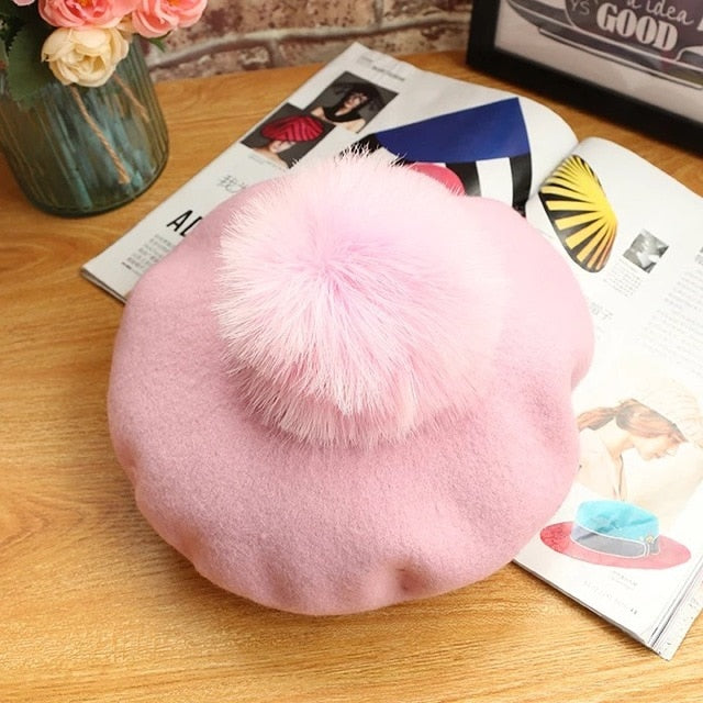 Beret Hat Women Winter Knitted Wool Cap Pompom Hat Solid Color-Winter Hats-Arimonz-pink-Arimonz