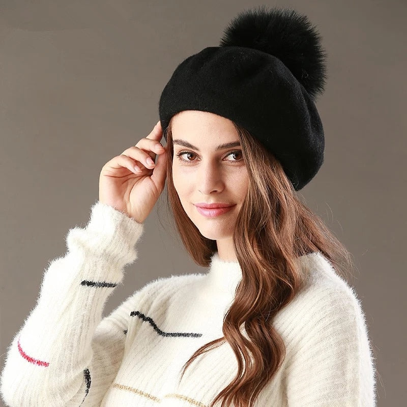 Beret Hat Women Winter Knitted Wool Cap Pompom Hat Solid Color-Winter Hats-Arimonz-Arimonz