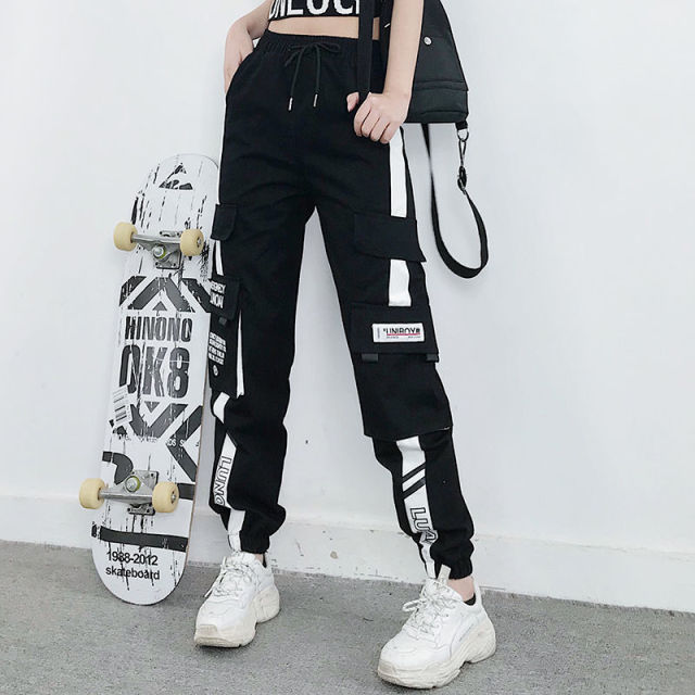Big Pockets Cargo Pants Women High Waist Loose Streetwear Pants-Pants-Arimonz-White - Design 7-S-Arimonz