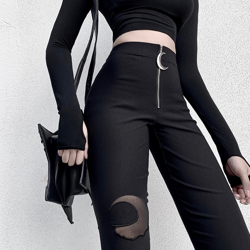 Black Pencil High Waist Pants Gothic Zipper Hollow Out Bodycon Trouser-Pants-Arimonz-Arimonz
