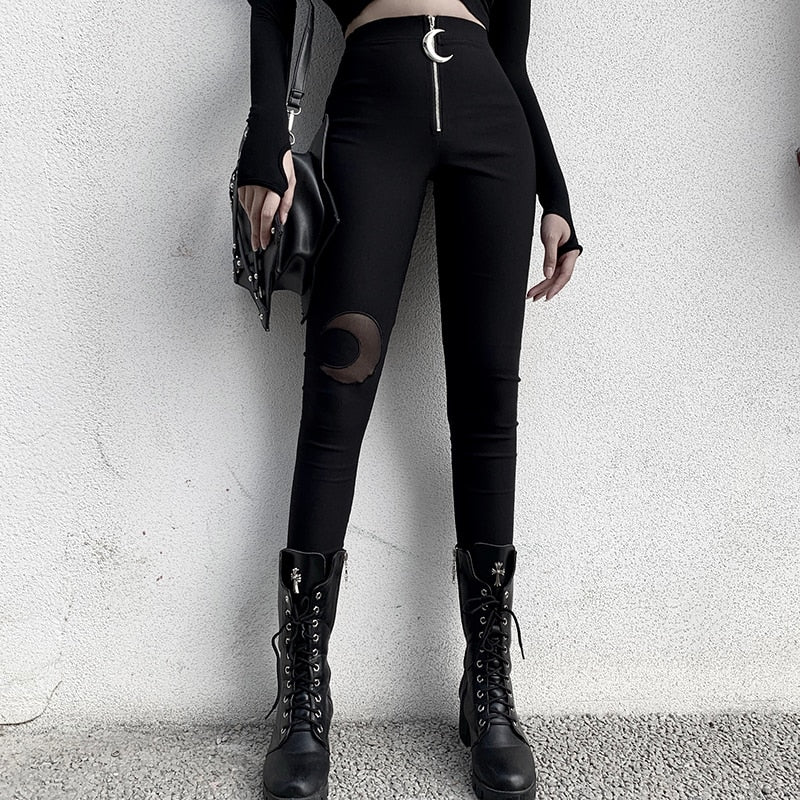 Black Pencil High Waist Pants Gothic Zipper Hollow Out Bodycon Trouser-Pants-Arimonz-Arimonz
