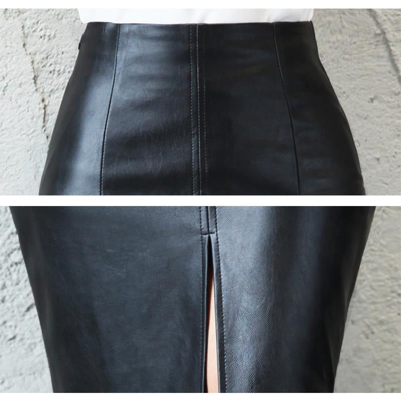 Black PU Leather Skirt Women Midi High Waist Bodycon Split Skirt-Skirts-Arimonz-Arimonz