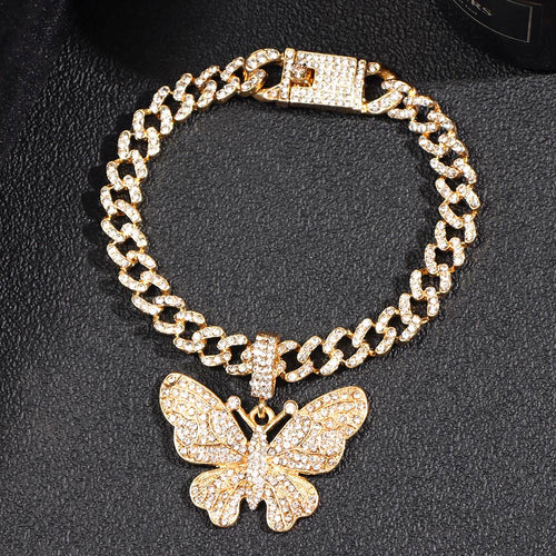 Bling Rhinestone Butterfly Cuban Anklets Bracelet Chunky Cuban Anklet-Anklets-Arimonz-Arimonz