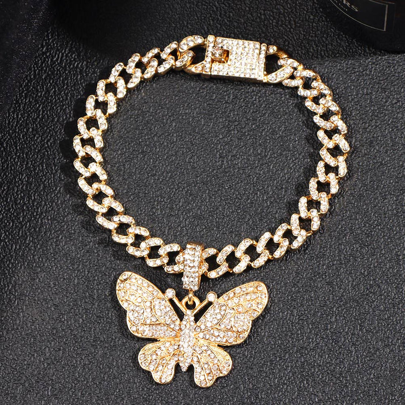 Bling Rhinestone Butterfly Cuban Anklets Bracelet Chunky Cuban Anklet-Anklets-Arimonz-Arimonz