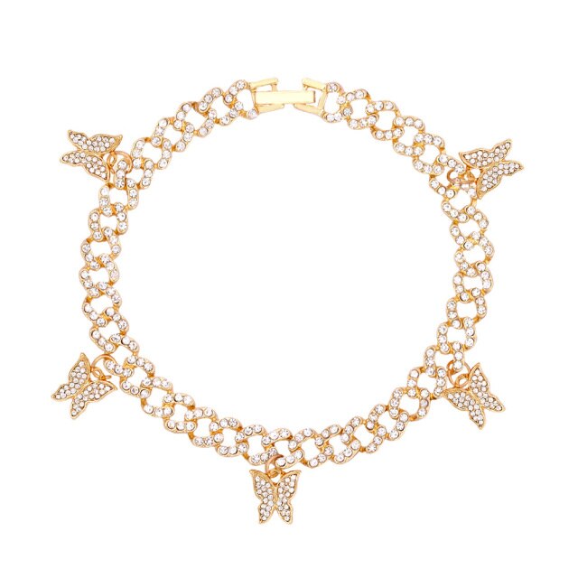 Bling Rhinestone Butterfly Cuban Anklets Bracelet Chunky Cuban Anklet-Anklets-Arimonz-Gold Style B-Arimonz