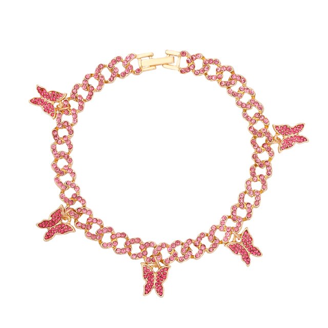 Bling Rhinestone Butterfly Cuban Anklets Bracelet Chunky Cuban Anklet-Anklets-Arimonz-Pink Style B-Arimonz