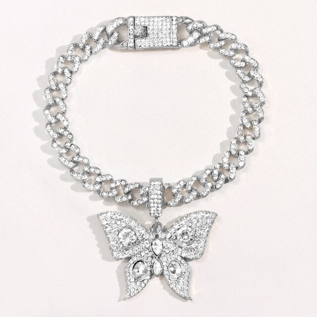Bling Rhinestone Butterfly Cuban Anklets Bracelet Chunky Cuban Anklet-Anklets-Arimonz-Silver White Style A-Arimonz