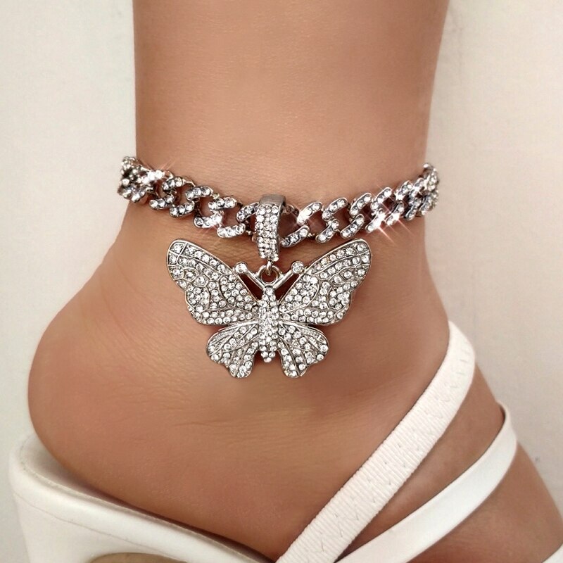 Bling Rhinestone Butterfly Cuban Anklets Bracelet Chunky Cuban Anklet-Anklets-Arimonz-Arimonz