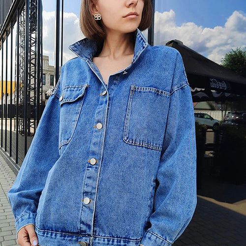 Blue Jean Denim Jacket Oversized Coat Winter Casual Big Pocket Jacket-Jean Jackets-Arimonz-Arimonz