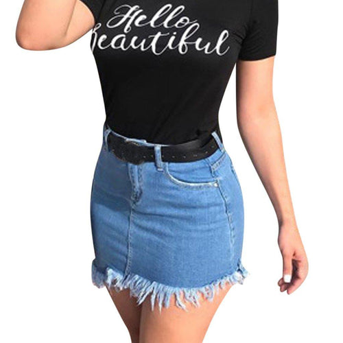 Blue Tassels Zipper High Waist Mini Denim Skirts-Denim Skirts-Arimonz-Arimonz